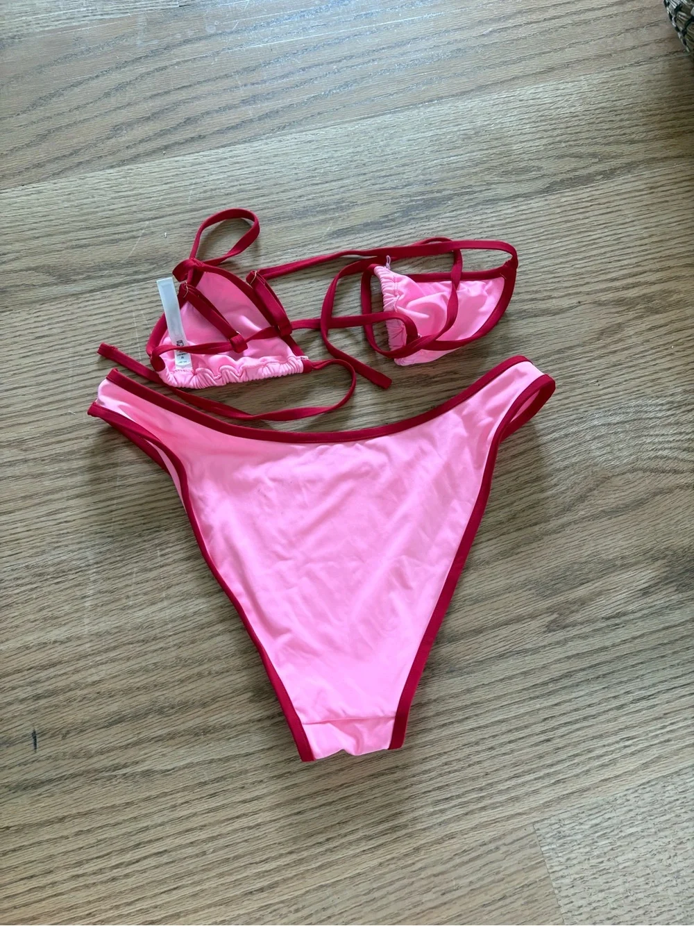 Frankie's Bikinis Pink with Red Trim Triangle Bikini Set